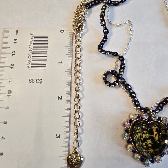 Betsey Johnson Gold and Navy CRYSTAL Heart Necklace with Iridescent Accents - Picture 9 of 12